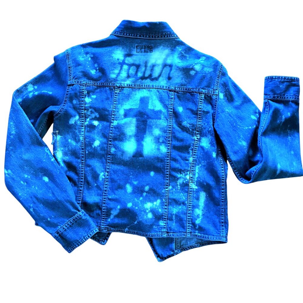 Upcycled Bleached Jean Jacket, Reworked Distressed Faith Inspired Women's Size 6